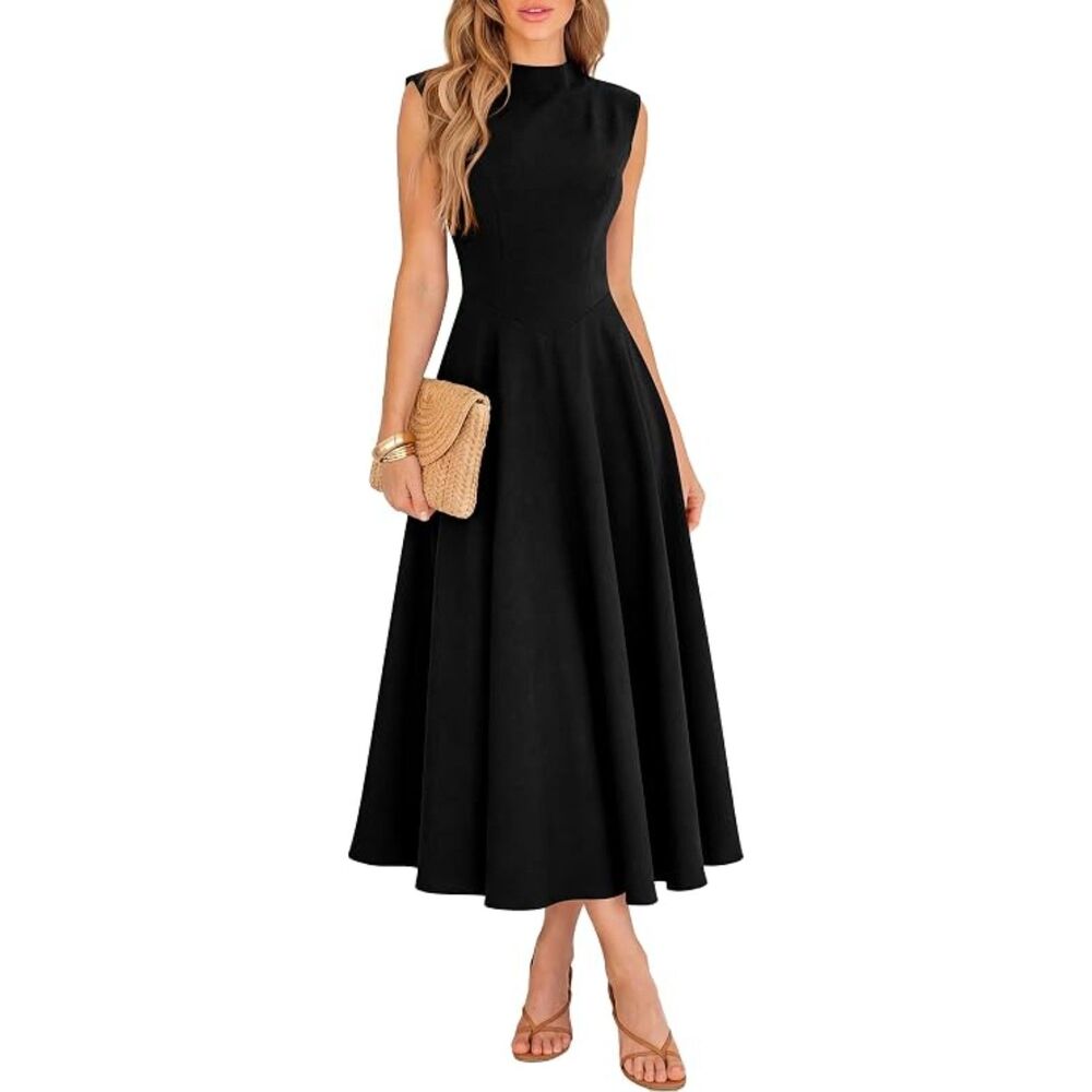 Black Sleeveless Mock Neck Maxi Dress A-Line High Waist Elegant Formal Dress